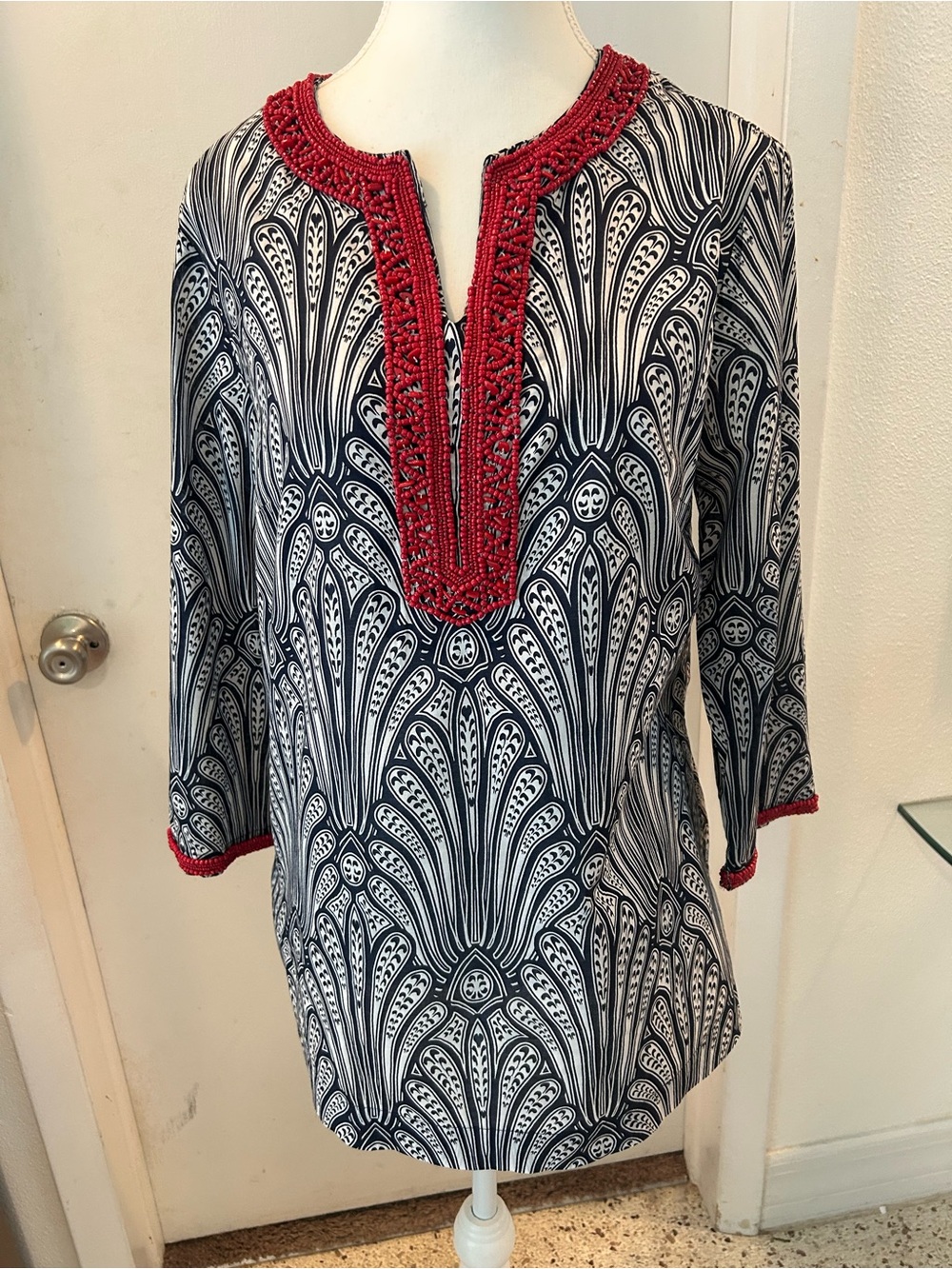 Patterned Tunic with Red beaded Trim